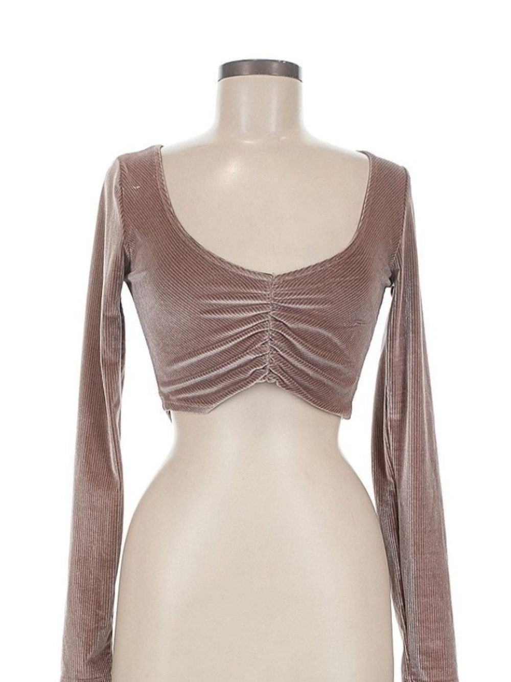 Urban Outfitters Taupe Ribbed Velvet Ruched Long-Sleeve Crop Top